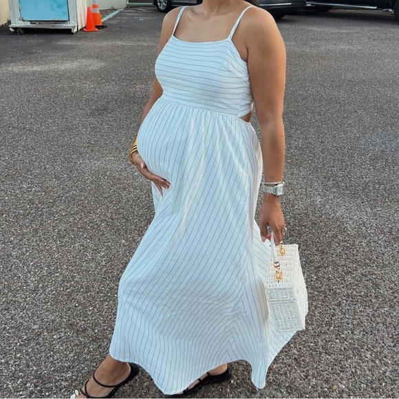 Lulus White Striped Tie-Back Midi Dress with Pockets maternity friendly size L - Picture 1 of 10